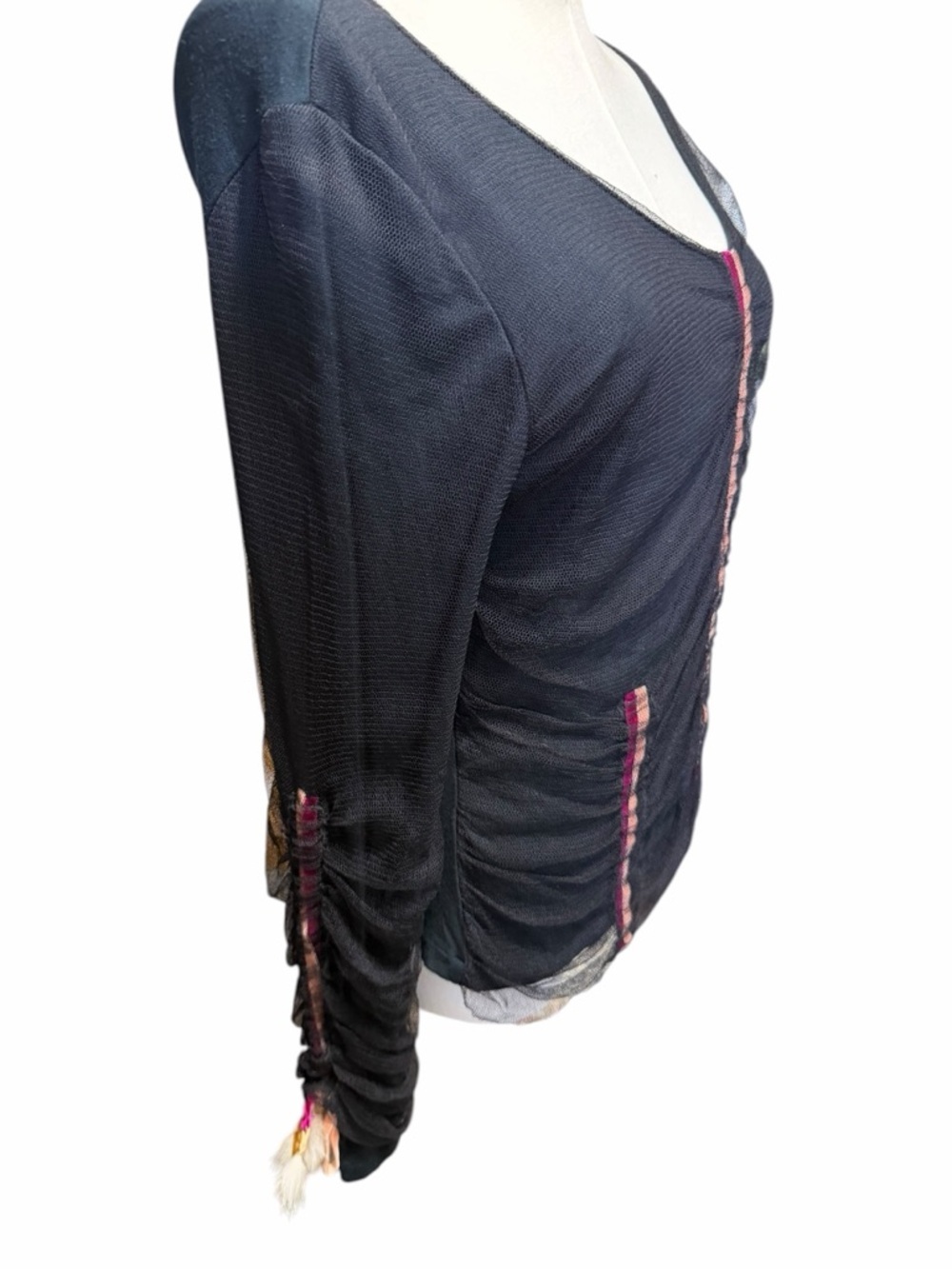 Roberta Scarpa Wool Silk Blend Black Ruched Long-Sleeve Pink Stripe Detail Sz 10 - Picture 5 of 14